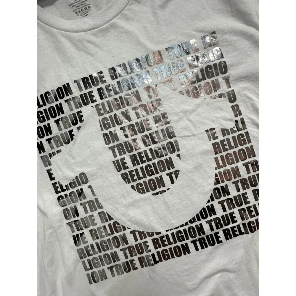 NWT‎ True Religion Brand Script All Over Silver Foil Graphic White Shirt Size L